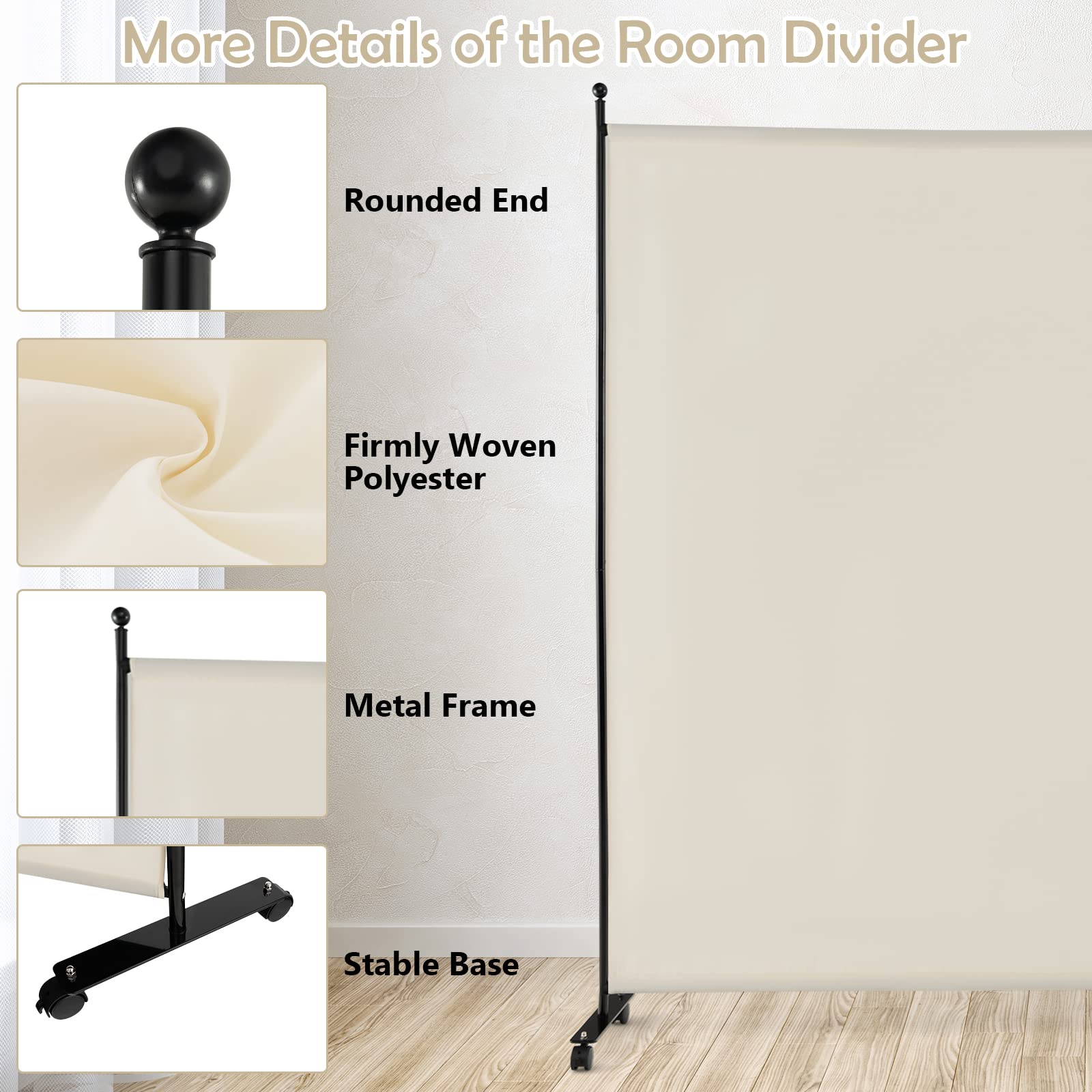 GOPLUS Biombo Separador de Ambientes de1 Panel con Ruedas Bloqueables, Biombo Plegable de Tela con Marco de Metal para Privacidad, Divisor para Salón Dormitorio (Blanco, 1 Panel, 184x184 cm)