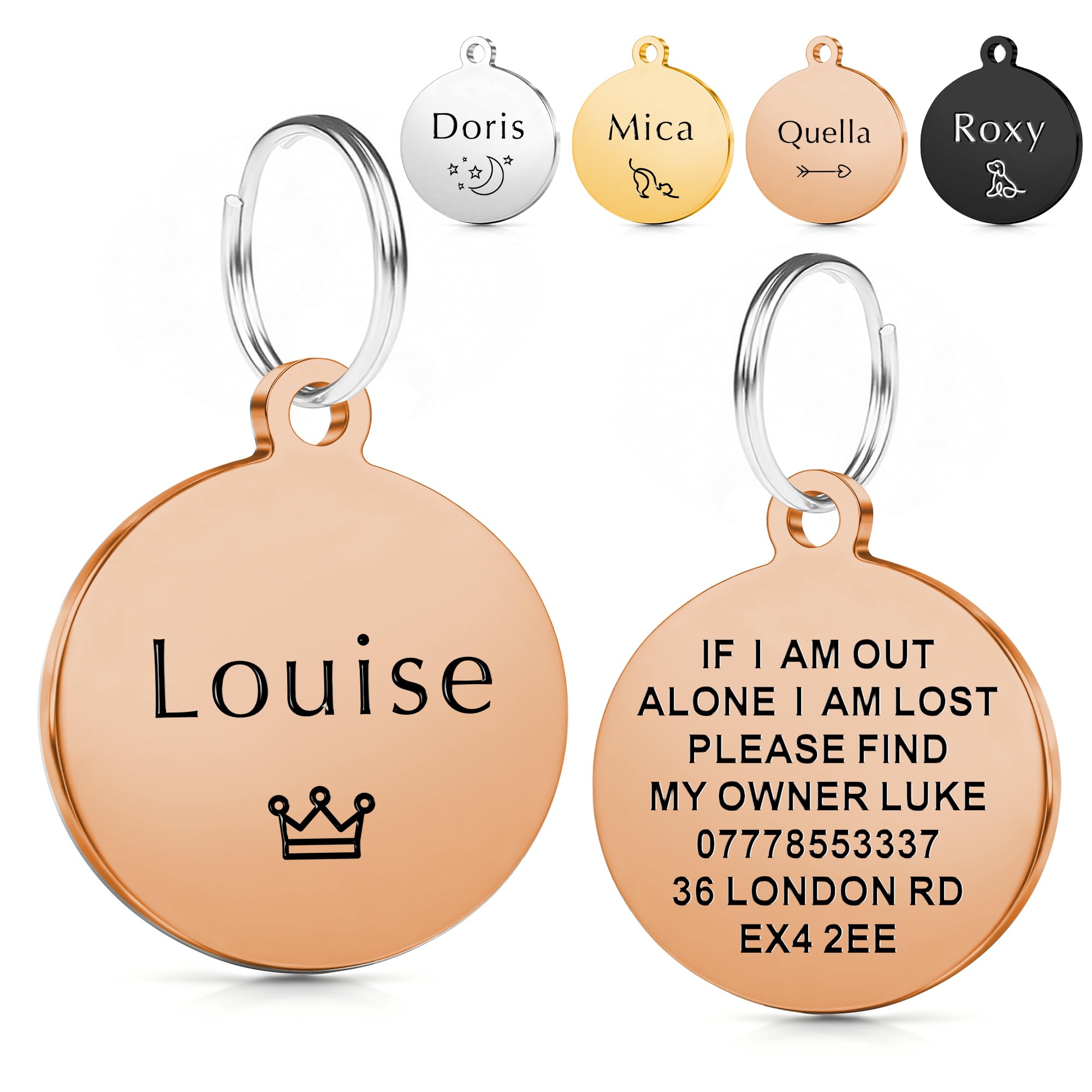 Personalised Dog Tags for Pets Engraved UK Cat Dog Name Tag Identify Tag for Pet Doggy Kitten Kitty Puppy Deep Engraved Scratch Resistant ID Tag Choice of Sizes & Colours & Shapes (CGold Round)