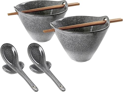 UNICASA Juego de 2 cuencos japoneses para ramen con palillos, cucharas y reposos, 20 onzas, para fideos de porcelana profunda, Udon, Pho, ensalada,