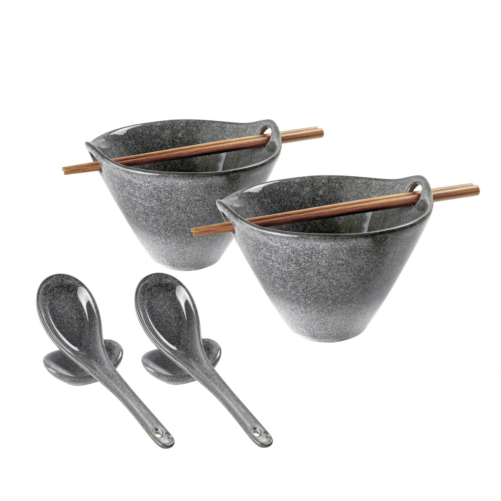 UNICASA Japanese Ramen Bowl Set with Chopsticks, Spoons and Rests, 20oz Deep Porcelain Noodle Bowl Set of 2 for Udon, Pho, Salad, Soup (Reactive Gray)