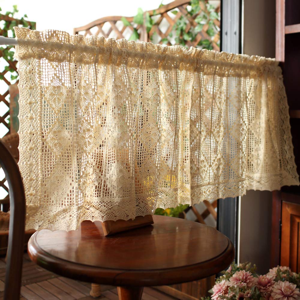 KMSG Biege Retro Crochet Hollow Diamond Pattern Cafe Short Tier Curtains Door Curtain for Small Window Treatment Farmhouse Kitchen Cafe Curtains and Valances Set 1 Piece W59 x17.5 Inch