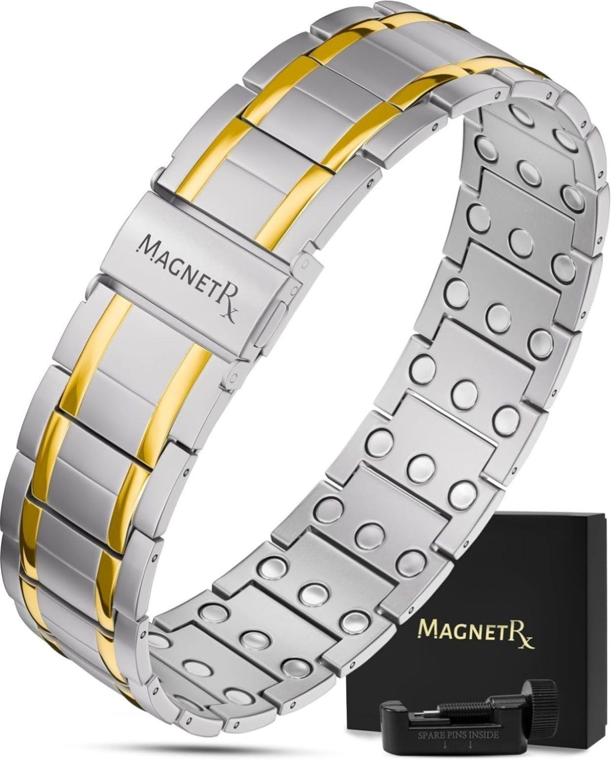 MagnetRX® Pulsera magnética de titanio 3X Fuerza – Pulseras magnéticas para hombre – Cierre plegable premium y longitud ajustable con herramienta de tamaño(Oro plateado)