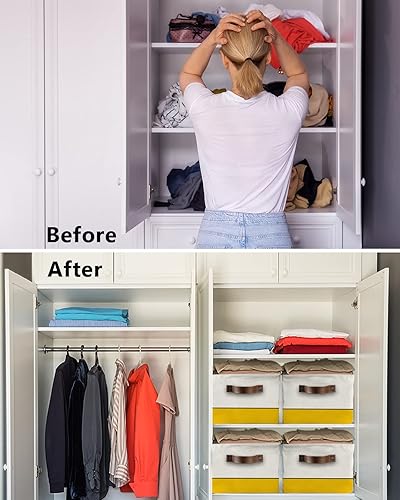 Miniatura 3 de Cesta de almacenamiento geométrica amarilla para organizar estantes, cajas de almacenamiento plegables con asa, bloque de color beige moderno,