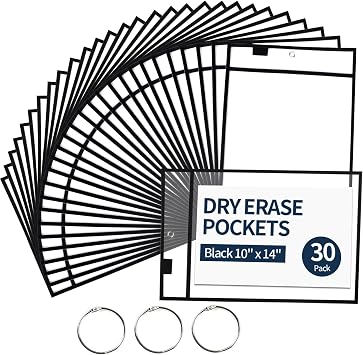 Ufamrine 30 Pcs Dry Erase Pockets Sleeves Black, Job Ticket Holders 10" * 13", Reusable Plastic Sleeves for Teacher Classroom