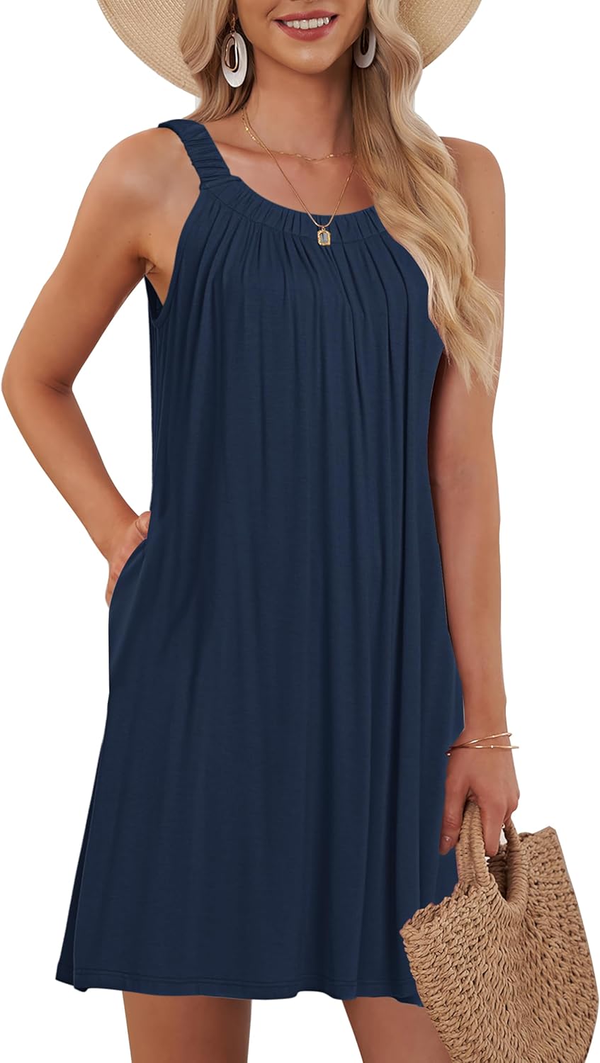 MISFAY Women’s Beach Cover Up Tank Dress Casual Vacation Short Summer Halter Dresses with Pockets