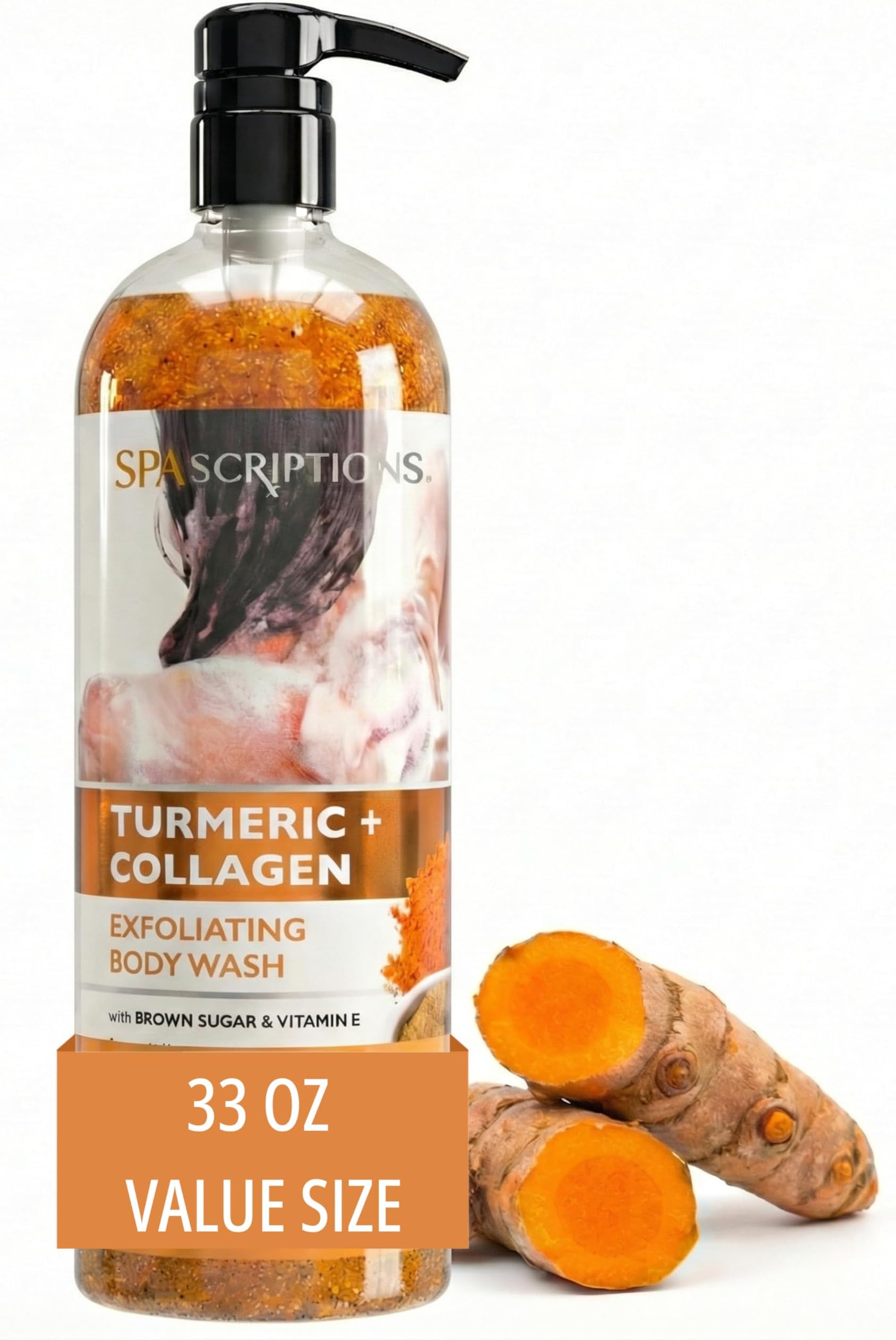 Turmeric & Collagen Exfoliating Treatment Body Wash – Natural Exfoliation for Dark Spots & Dull Skin With Vitamin E for Smooth, Hydrated, Glowing Skin, Brightening Body Cleanser, 33 oz