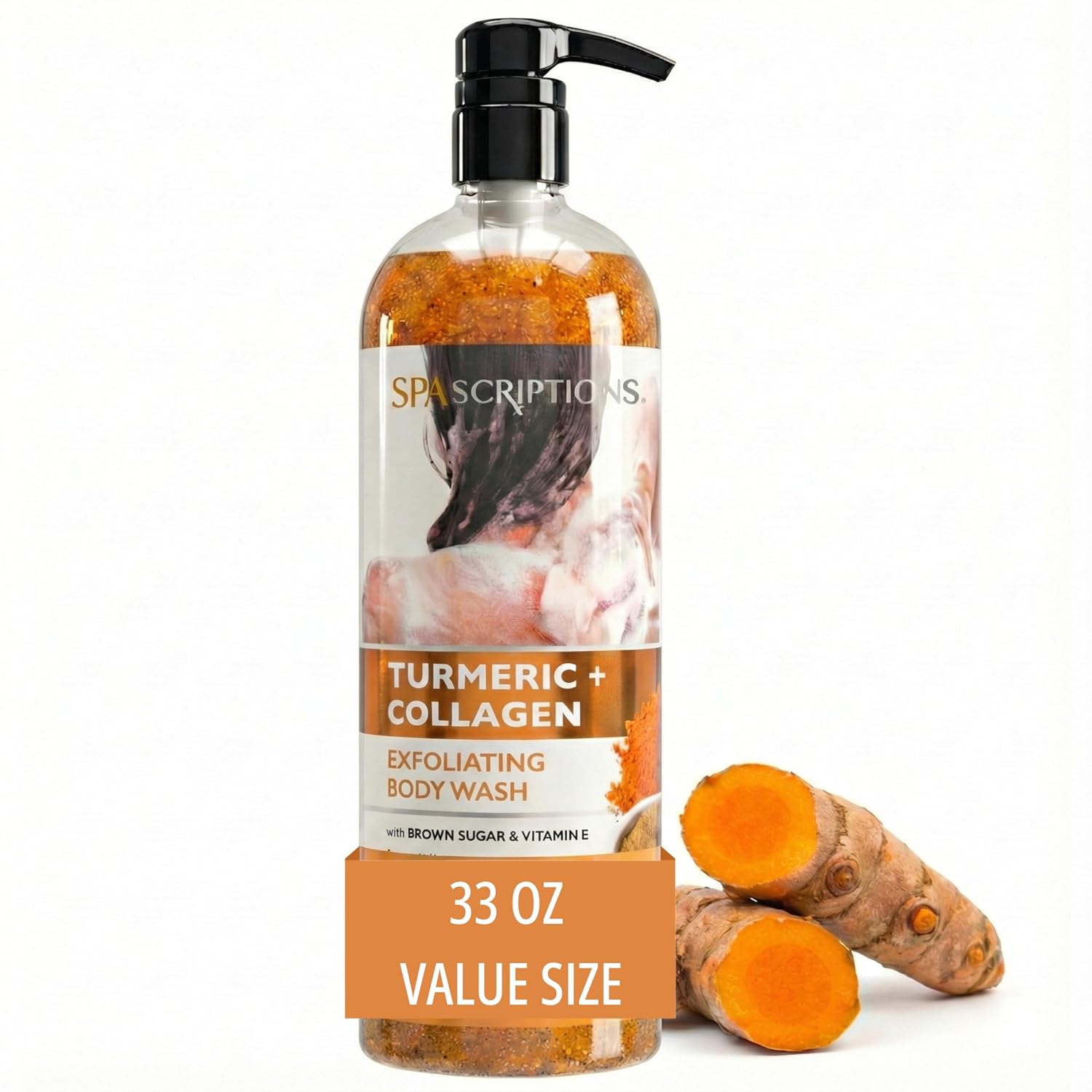 SpaScriptions Turmeric & Collagen Exfoliating Treatment Body Wash – Natural Exfoliation for Dark Spots & Dull Skin With Vitamin E for Smooth, Hydrated, Glowing Skin, Brightening Body Cleanser, 33 oz