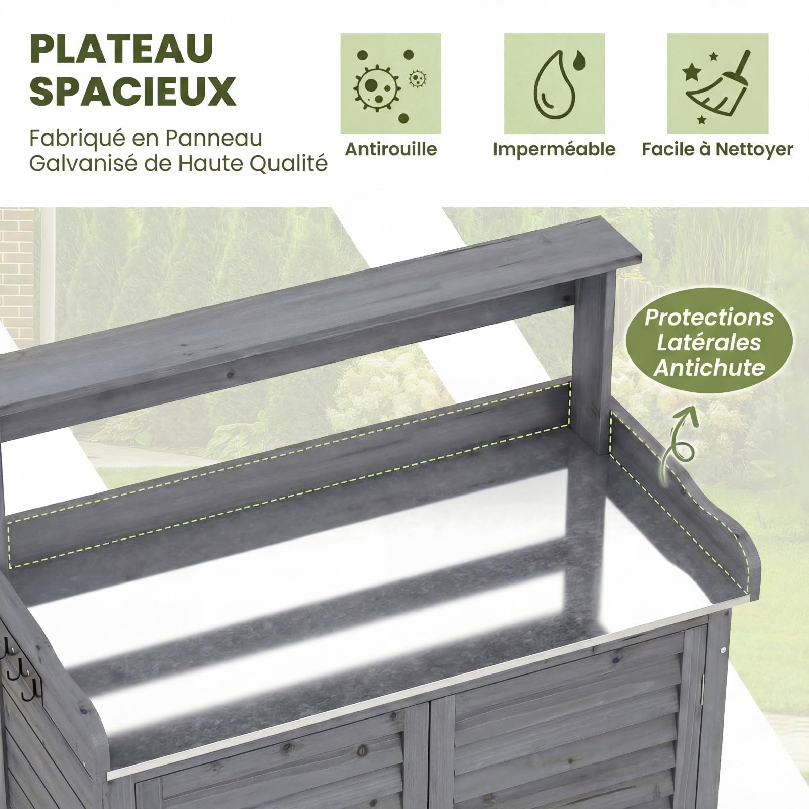 COSTWAY Armoire Jardin Bois, Armoire Exterieur avec Plan de Travail en Métal, 3 Crochets, Etagères Amovibles, Portes à Persiennes, Table de Rempotage, Meuble Exterieur Rangement (Gris)