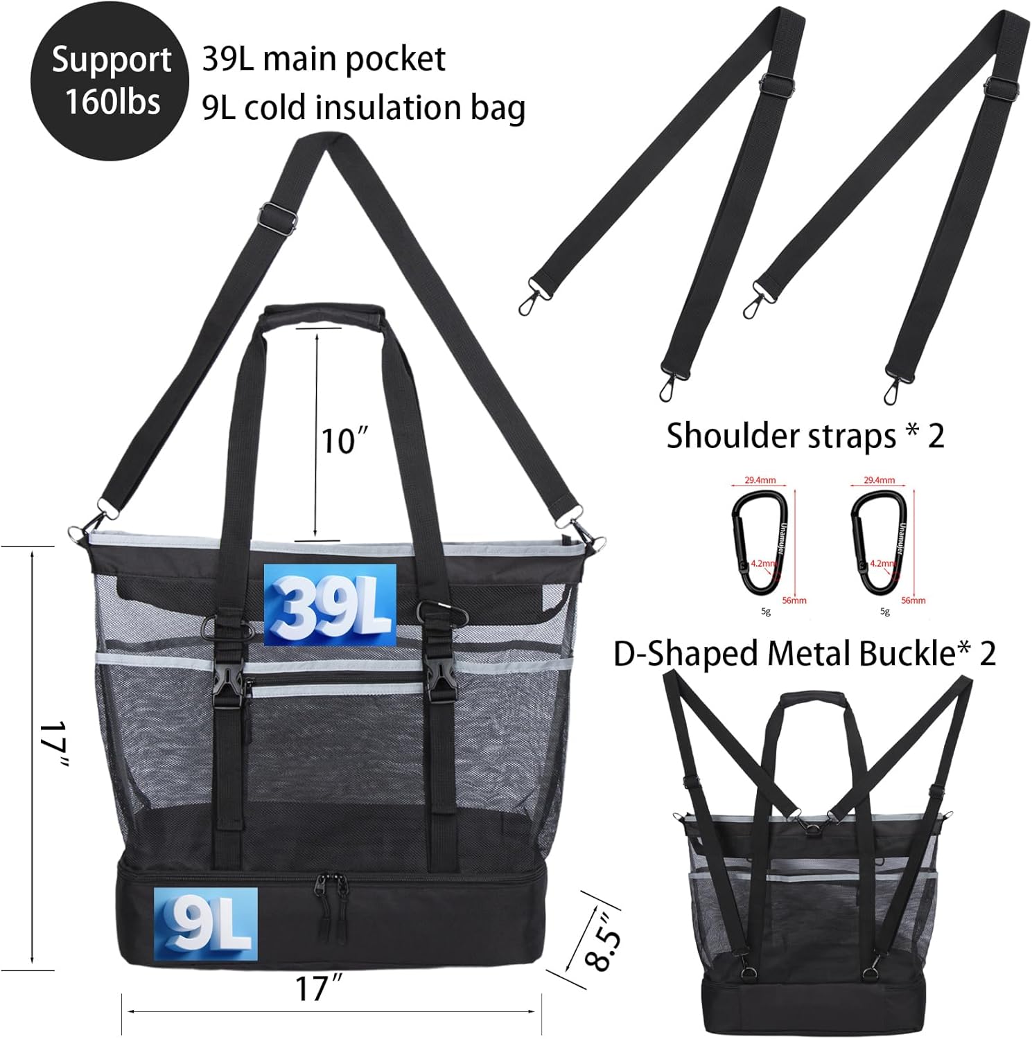 Mesh Beach Bag with Cooler Large Travel Family Vacation Essentials Pool Swimming Zipper Pocket Durable 9 Pockets - Image 3