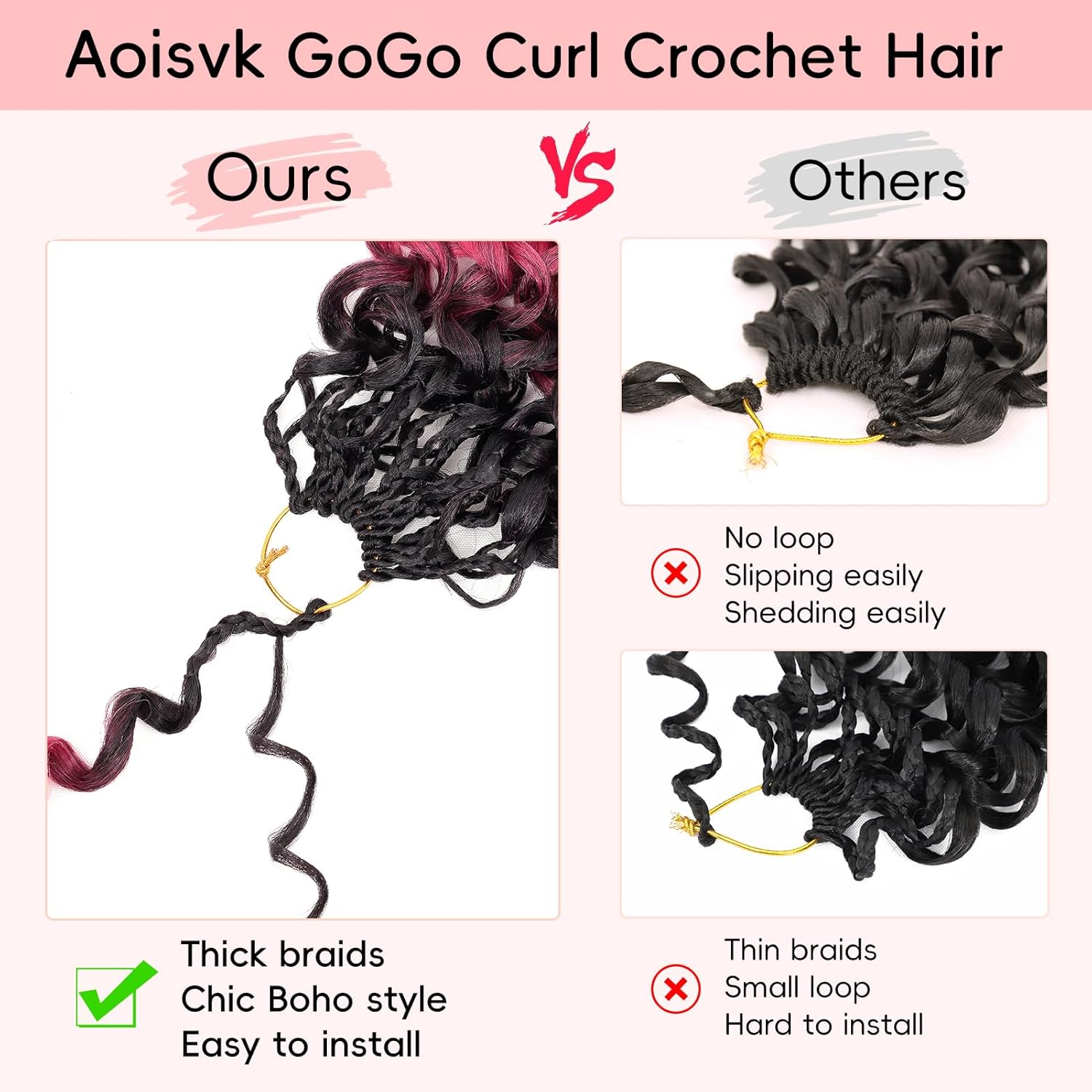 GoGo Curl Crochet Hair Pre twisted 10 Inch 8 packs Short Pink Curly Crochet Hair for Women Pre looped Boho Box Braids with Curly Ends Water Wave Synthetic Hair Extensions 1B/Rose/Pink