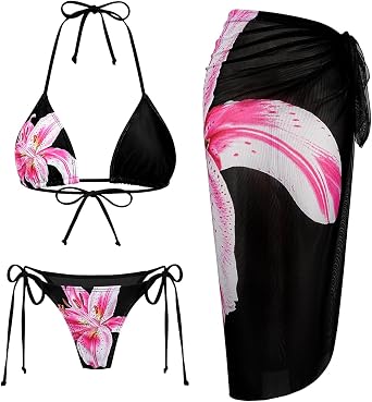 Womens 3 Piece Floral Print Swimsuit Sexy Halter Side Tie Triangle Bikini Set with Mesh Coverup Long Skirt