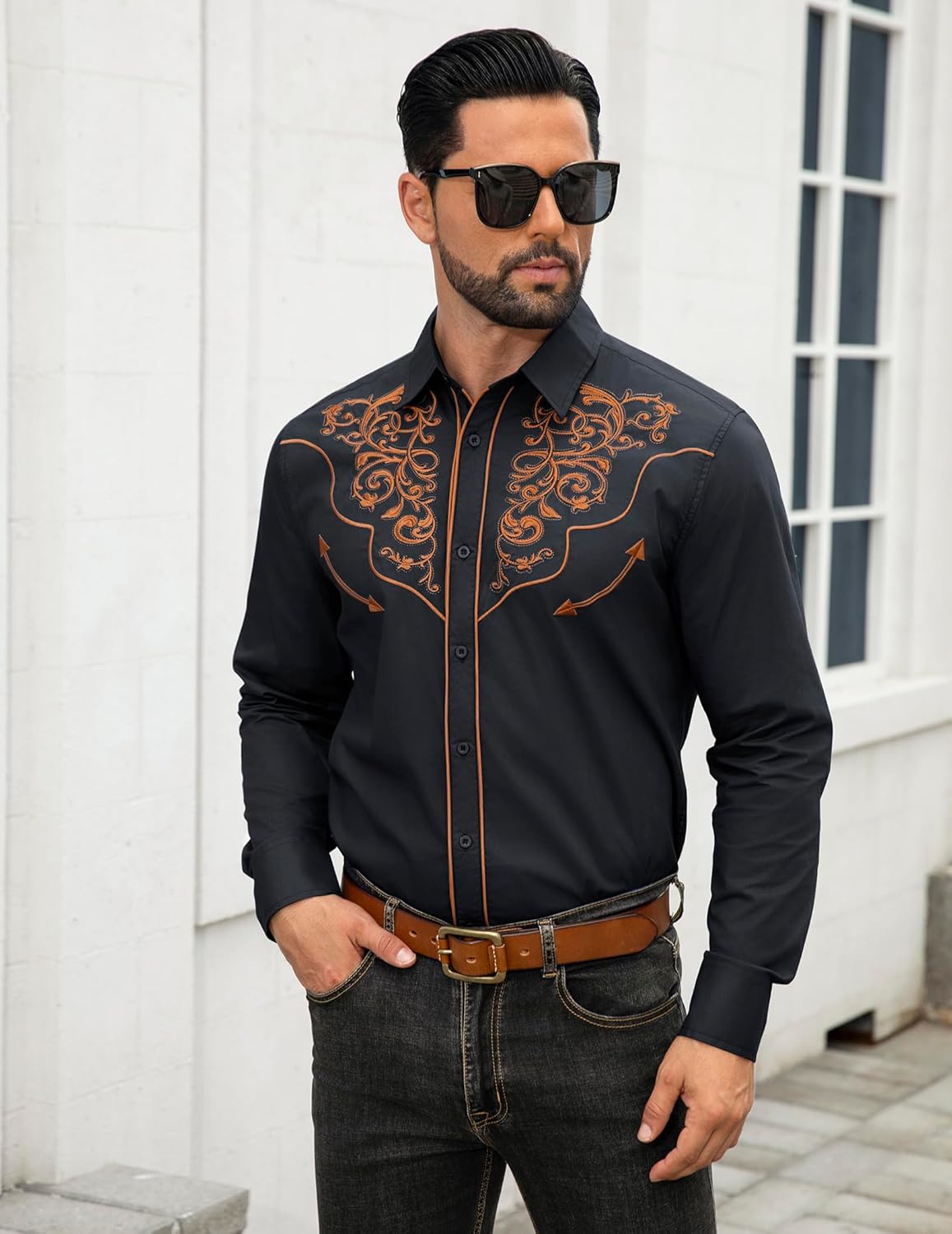 Men's Western Cowboy Shirts Long Sleeve Button Down Embroidered Vintage Casual Hippie Shirts - Image 2