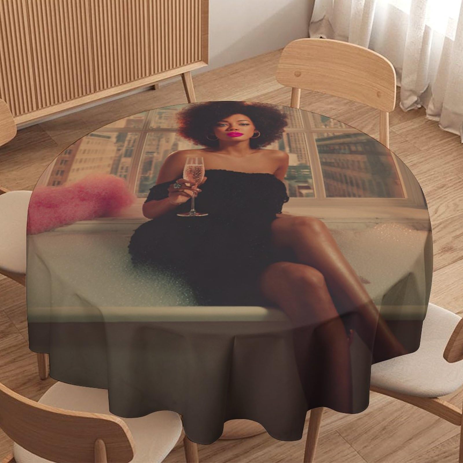LUYYSKY Elegant Abstract Black Women Waterproof Round Tablecloth Modern Aesthetic Bathroom Art American African Women Washable Table Cover for Kitchen-127 Wx127 L cm