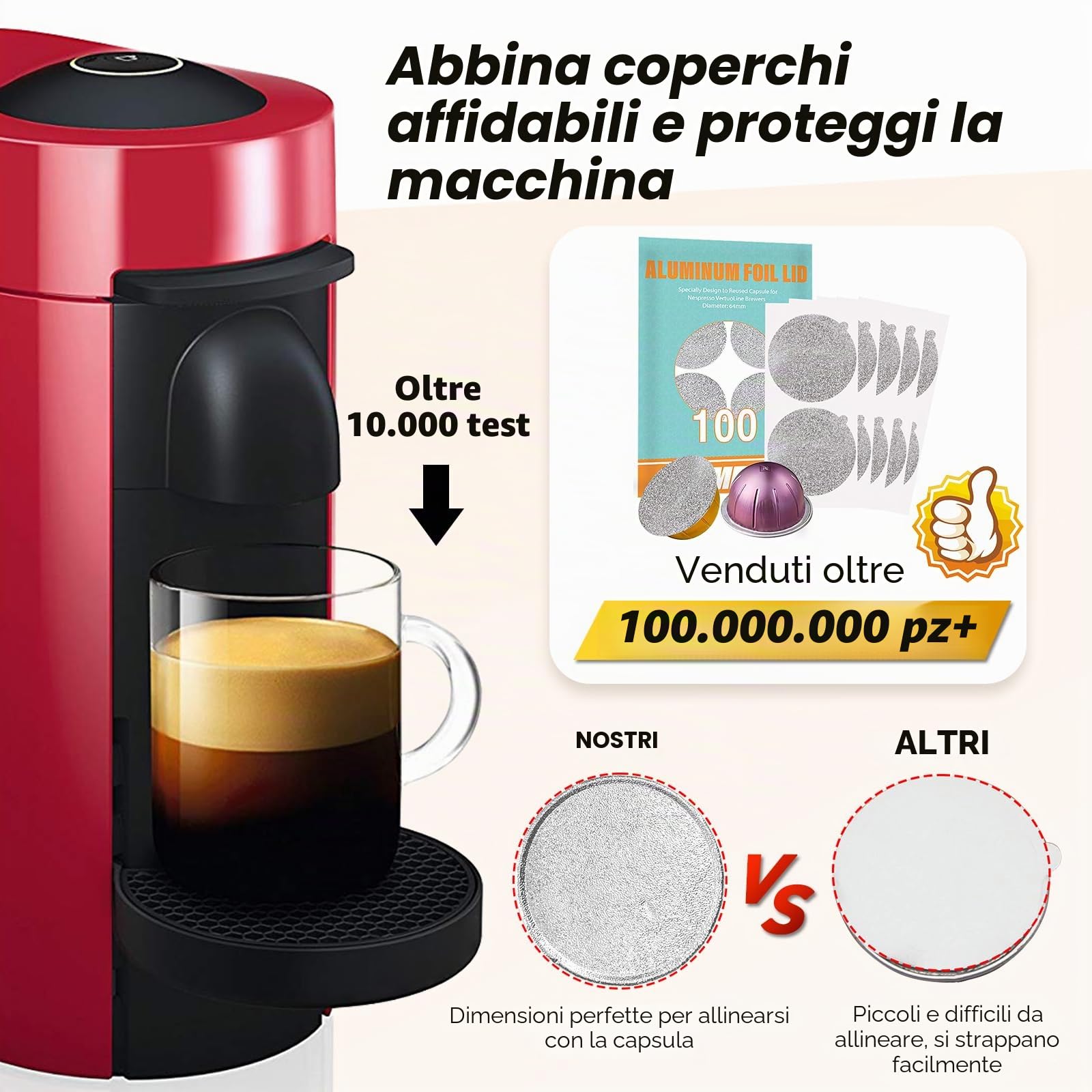 CAPMESSO Kit di Ricarica per Capsule Vertuo Riutilizzabili, Design Più Nuovo 2025 per Sigillatura Più Veloce Capsule Nespresso Vertuo Riutilizzabili con Pennello Riempi & Pressa, 100pcs Coperchi in