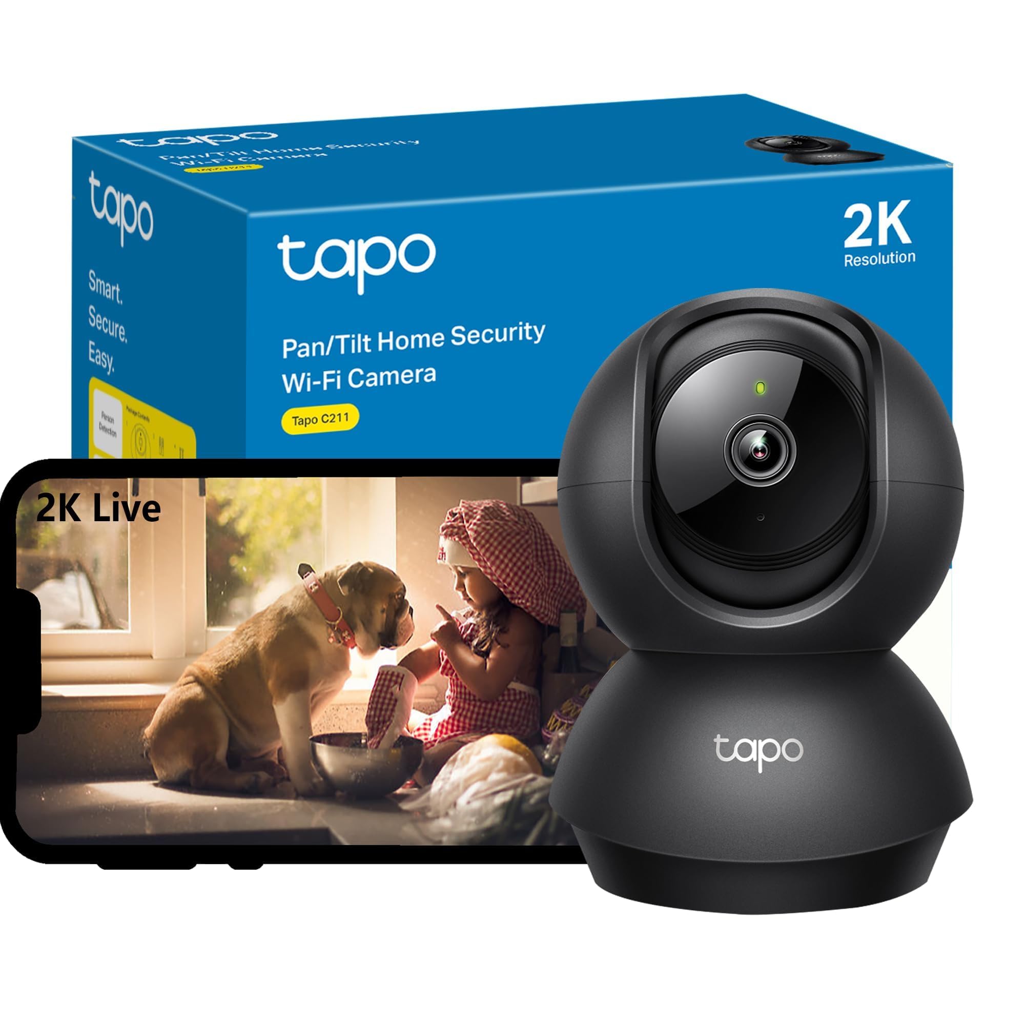Tapo C211 2K 3MP Pan/Tilt Indoor Camera House Security Camera, WiFi Camera, No Monthly Fee, AI Detection, Dog Camera, Baby Camera Monitor, CCTV, 360° View, Night Vision, Works with Alexa & Google