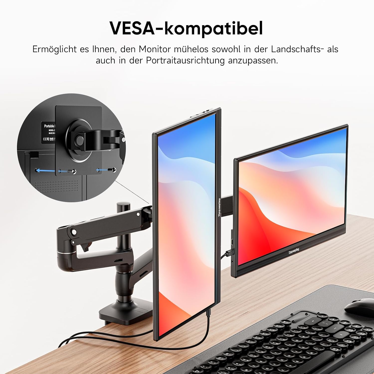 The Dopesplay portable monitor mounted on a VESA-compatible arm, demonstrating its ability to be used in both landscape and portrait modes.