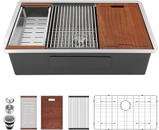 Lordear 33x19 Inch 16 Gauge T304 Stainless Steel Undermount Workstation Kitchen Sink with Cutting Board, Colander & Grid