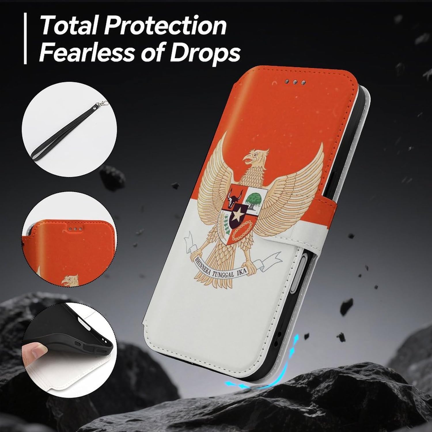 Vintage Indonesian Flag Indonesia Emblem Compatible with iPhone 16/16 Plus/16 Pro/16 Pro Max/16 E Case Phone Wallet Card Holder Flip Cover with Wrist Strap