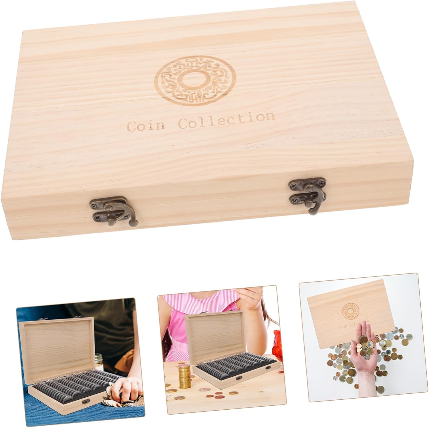 Veemoon Wooden Coin Storage Box for 100 Coins and Display Holder and Collecting Accessories