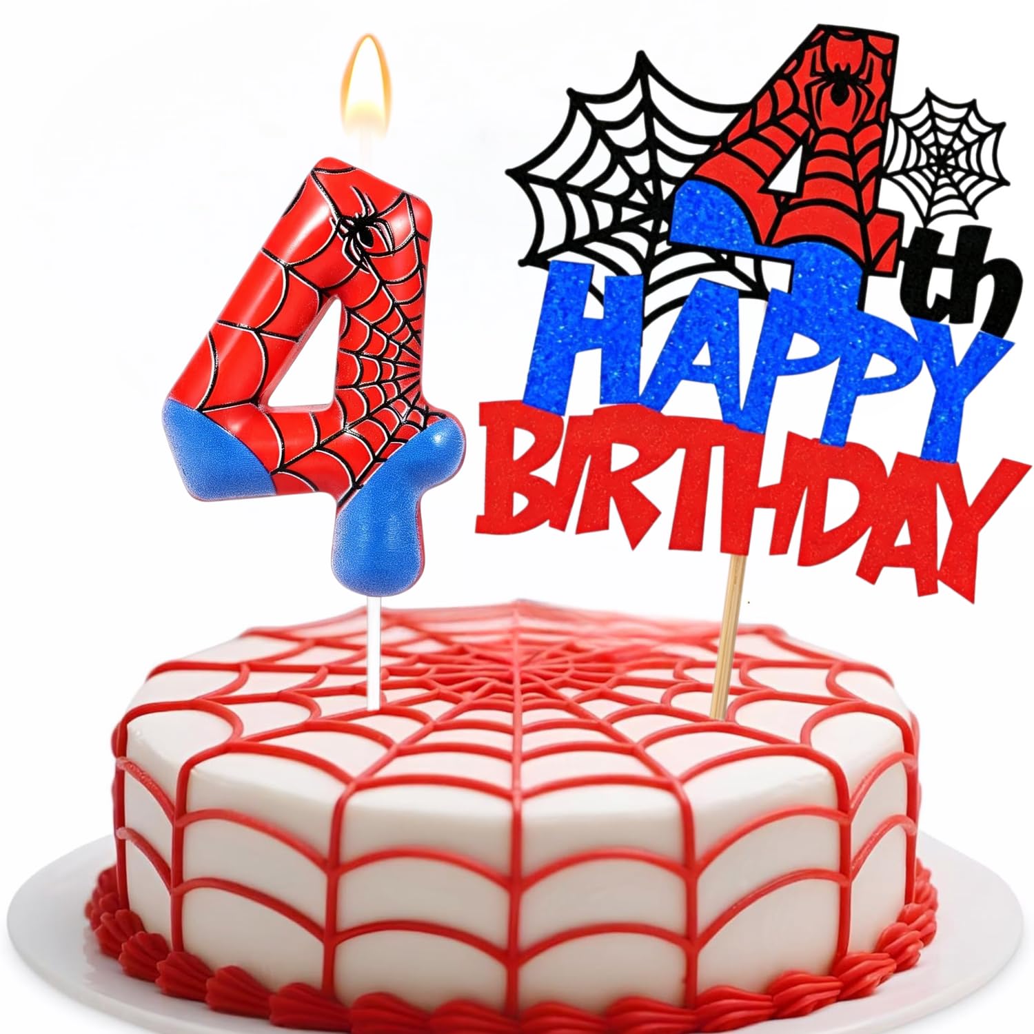 2.36 Inch Spider Themed Birthday Candle, Red Blue Number 4 Spider Web Candle,Happy 4th Birthday Cake Toppers for Birthday Party, Cartoon Party Supplies for Party Decoration (4th Cake Topper)
