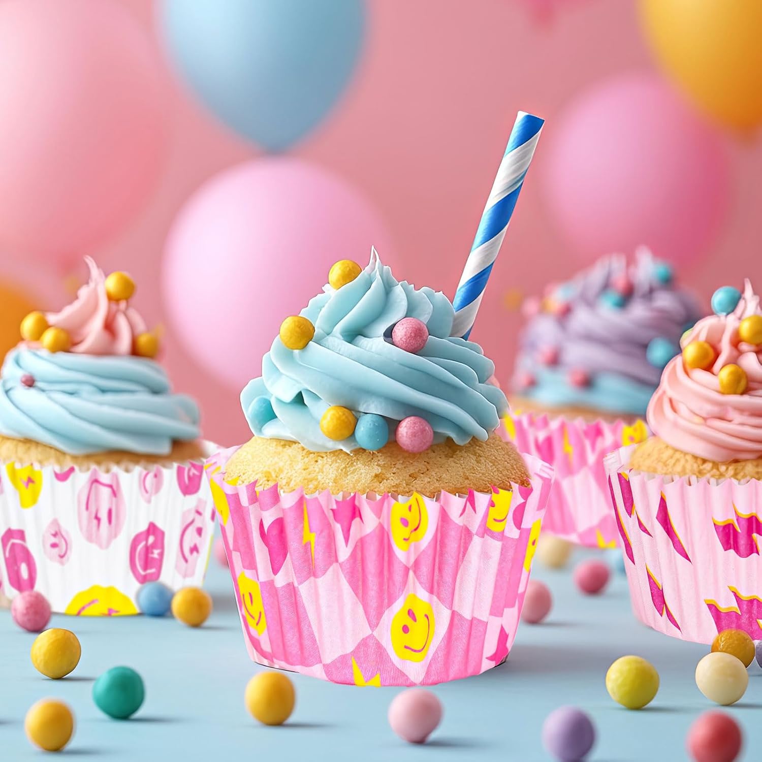 Whaline 300Pcs Smile Face Lightning Cupcake Liners Pink Preppy Baking Cups Standard Muffin Wrappers for Birthday Wedding Bridal Baby Shower Back to School Party Supplies