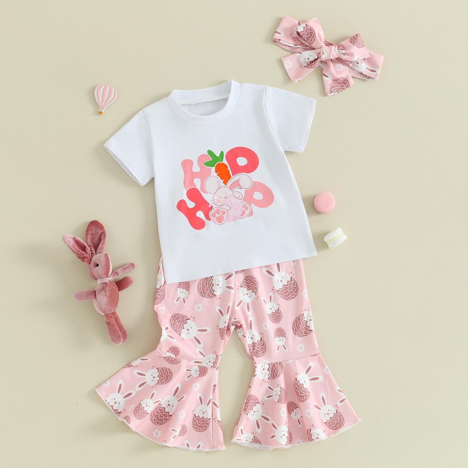 Toddler Baby Girl Easter Outfits Short Sleeve T Shirt Top Bunny Print Bell-Bottom Flared Pants Summer Clothes Set - Image 2