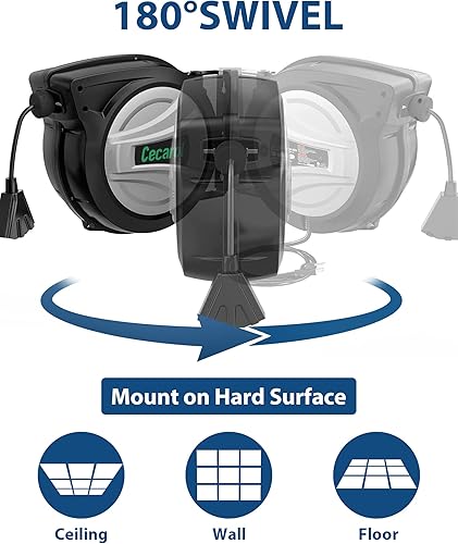 Miniatura 6 de Cecarol Carrete de cable de extensión 14AWG3C SJTOW de 50 pies con triple grifo, 13A125V1625W, tecnología de retracción lenta, disyuntor, indicador