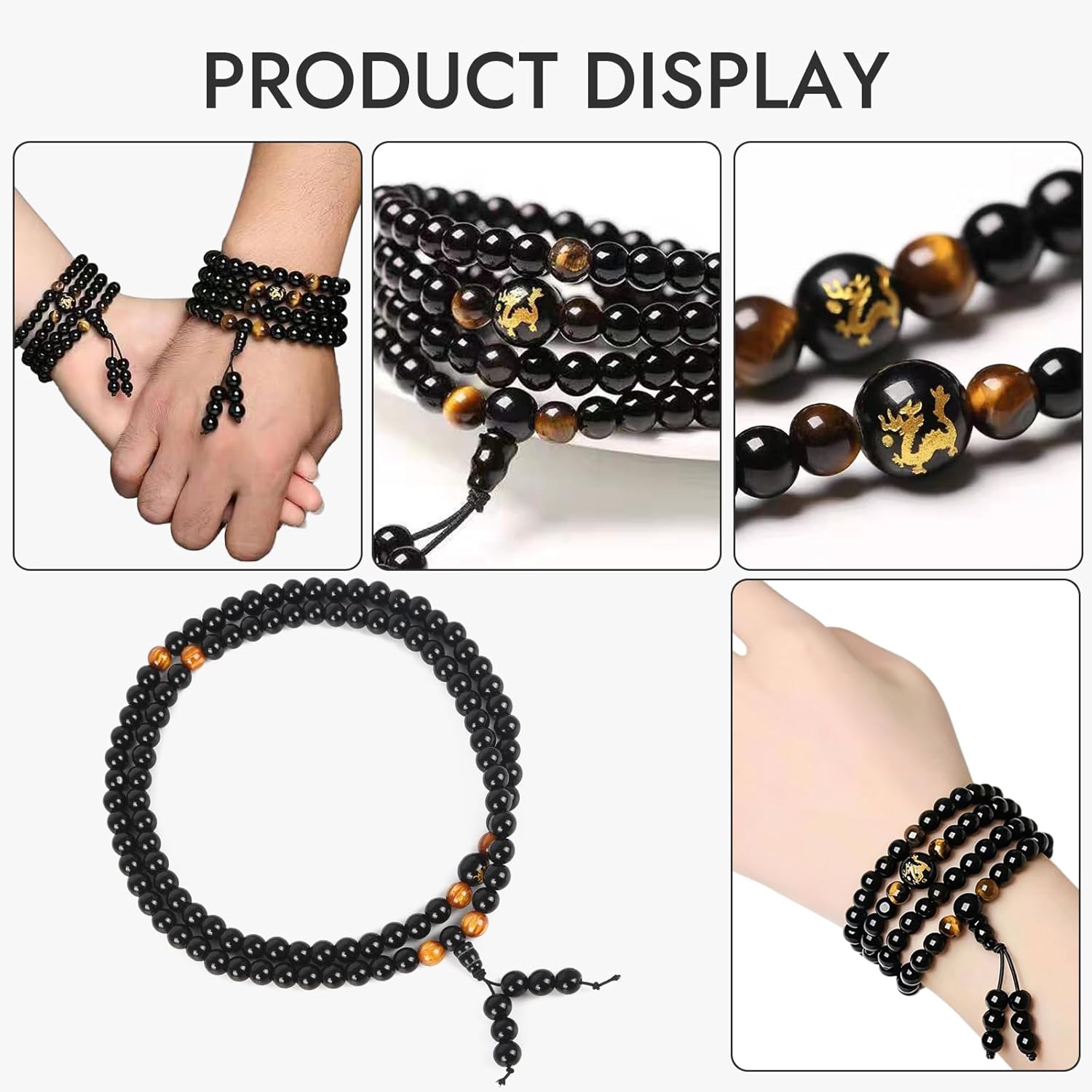 108 Obsidian Dragon Beads - Healing Crystal Bracelet/Necklace, Adjustable Elastic Black Buddhist Bead Necklace, Ethnic Style Prayer Beads, Suitable for Meditation, Spiritual Jewelry and Mindfulness, Praying for Good Luck - Image 4