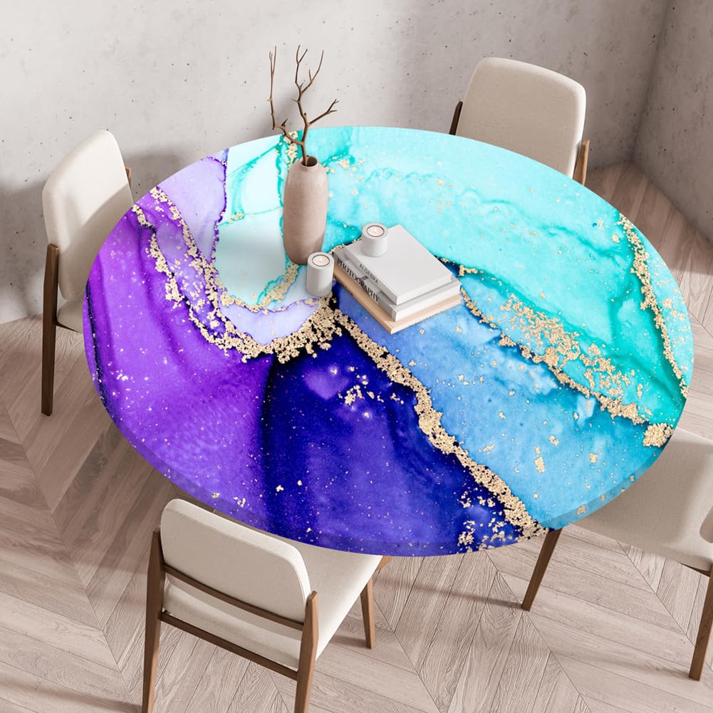 Tischdecke Rund 110 cm Grün Lila Marmor Gartentischdecke Wetterfest Elastisch Abwaschbar Runde Tischdecke Outdoor Indoor Wiederverwendbare Table Cloth für Garten Restaurant