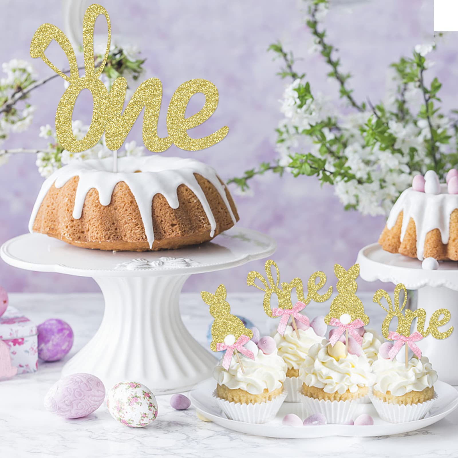 Gold Glitter Some Bunny is One Cake Topper and 24Pcs Some Bunny is One Cupcake Toppers, Some Bunny is One Birthday Party Supplies, Bunny Easter 1st Birthday Cake Decorations Supplies