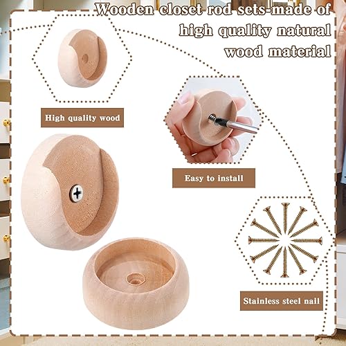 Miniatura 3 de Juego de 40 soportes de barra de armario de madera para armario, soporte de barra de armario con tornillos para armario, barra, armario, pasillo,