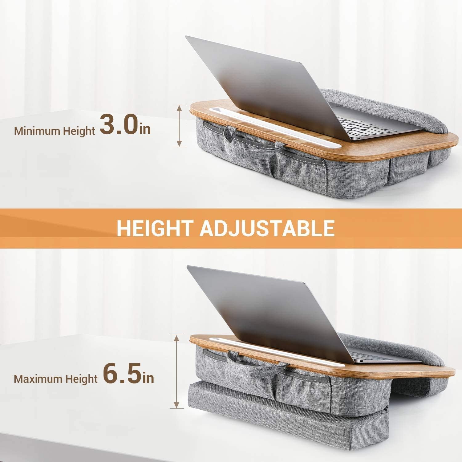 Lap Desk Height Adjustable - Fits up to 15.6 inch Laptop, Ohuhu Portable Wood Lap Laptop Desk with Soft Pillow Cushion, Anti-Slip Strip & Storage Pockets for Notebook, MacBook, Tablet Laptop Stand : Office Products