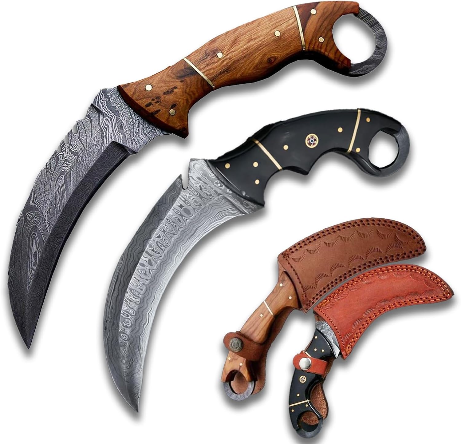 2Pcs Handmade Damascus Karambit Knife, Damascus Knife, Fixed Blade Karambit Knife Damascus Steel Blade with Horn, Wooden Handle, Damascus Steel Hunting Karambit Knife with Sheath