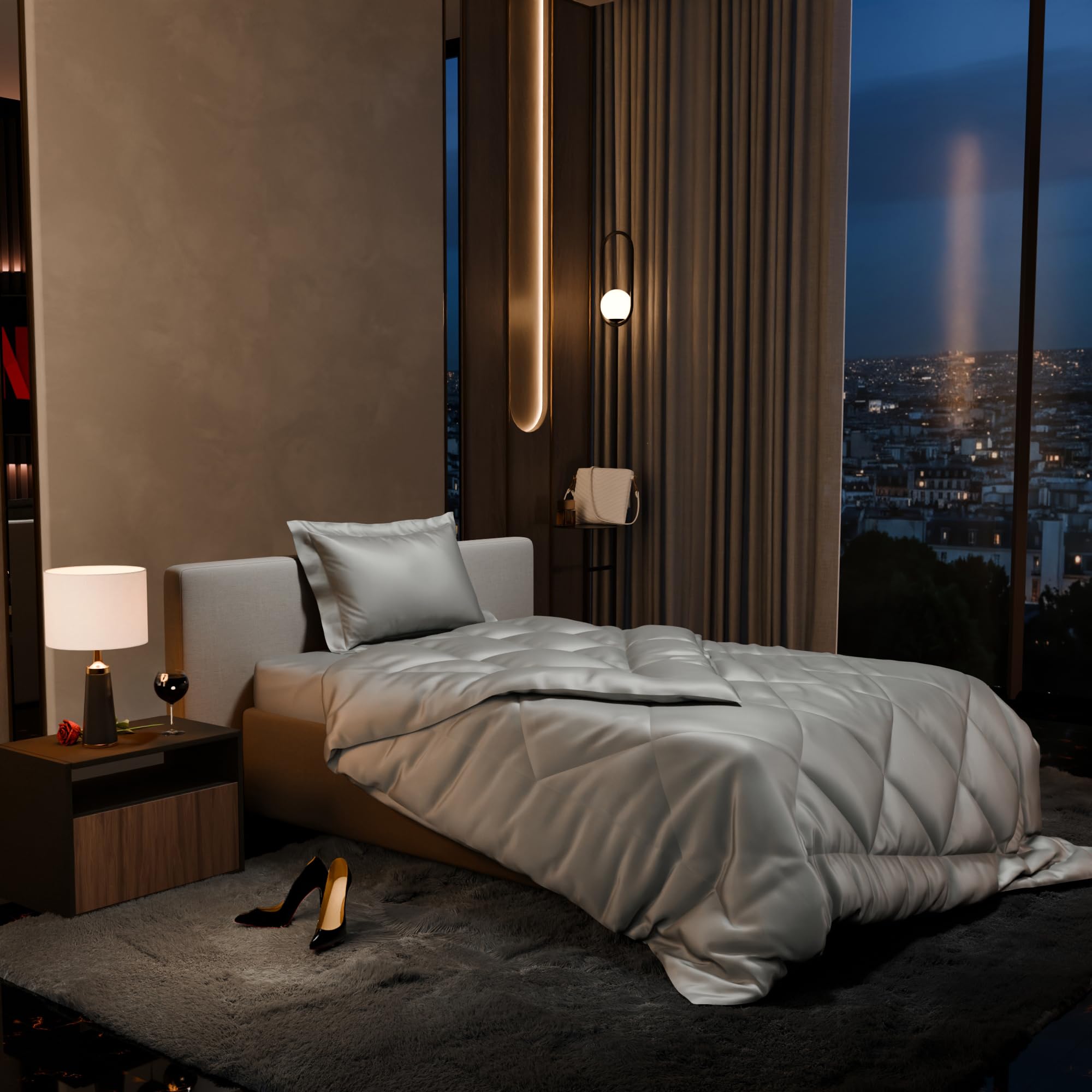 Stoa Paris 300 Tc Satin Comforter Set Single Bed with Satin Bedsheet & Pillow Covers, Complete Bedding Set, Ideal Gifts for Couples, Bedroom Home Furnishing, Date Night Collection - Harbour Mist Grey