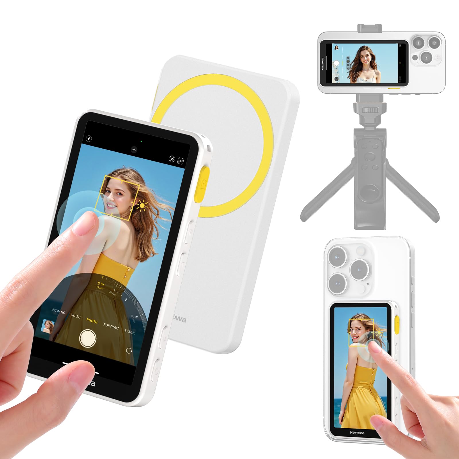 Newmowa magnetischer Handy Selfie Touchscreen Monitor mit Zoom für iPhone | 4K 30fps kabellose Aufnahme nur für iPhone 15/16/17, 4" Handy Selfie Bildschirm für Vlog, TikTok, Weiß
