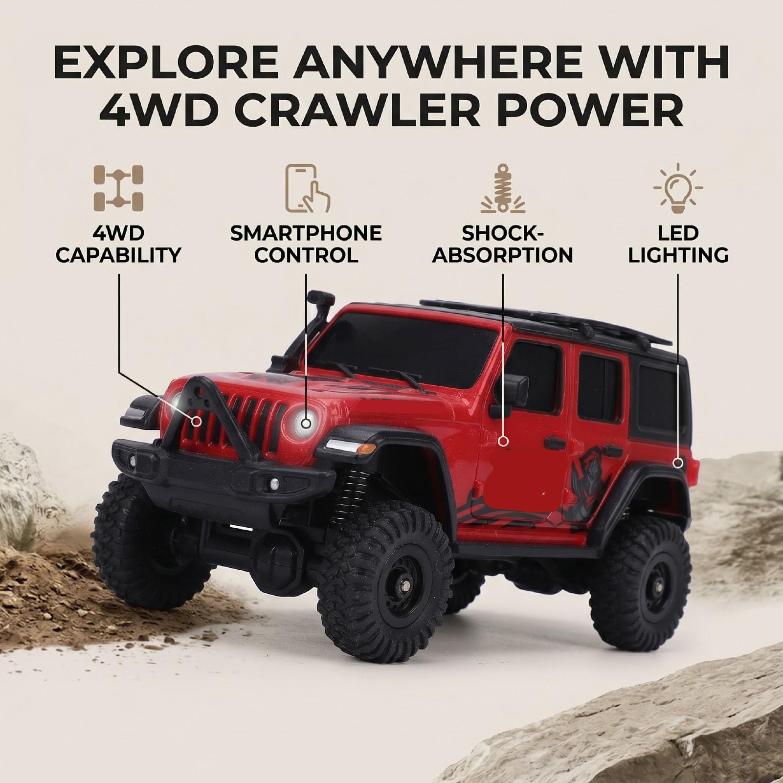 Dilwe RC Crawler, 180 MAh, Maßstab 1:43, Ferngesteuertes Offroad-Auto mit LED-Beleuchtung, Stoßdämpfung für Teppich, Gras, Sand