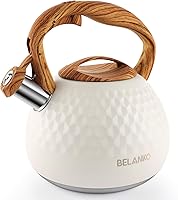 Vista 10 de BELANKO - Tetera de acero inoxidable de 2.7 cuartos de galón para estufa, de grado alimenticio con mango de patrón de madera, con silbido fuerte