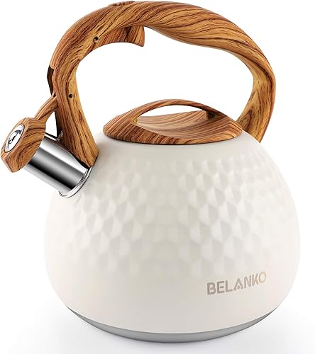 Miniatura 9 de BELANKO - Tetera de acero inoxidable de 2.7cuartos de galón para estufa, de grado alimenticio con mango de patrón de madera, con silbido fuerte,