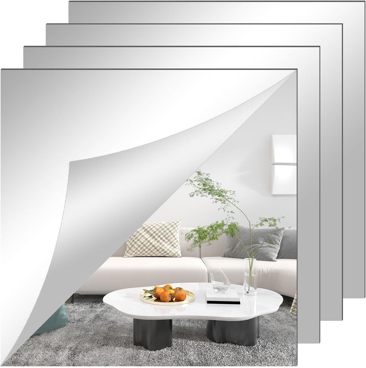 Large Self Adhesive Mirrors Sheets 2mm Thickened Acrylic Mirror Tiles Adhesive 30 x 30cm Non Glass Mirror High Clear Mirrors for Bathroom, Bedroom, Door etc(4Pcs)