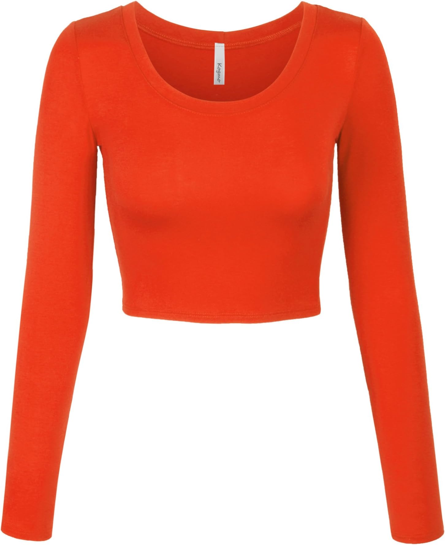 KOGMO Womens Long Sleeve Crop Top Solid Round Neck T Shirt