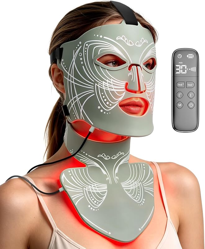 Red Light Therapy Mask for Face & Neck for Anti-Aging,Skin Firming | Skincare Mask,Red LED Beauty Device,Long‑Lasting Battery,Timing Function,Rechargeable Home Green