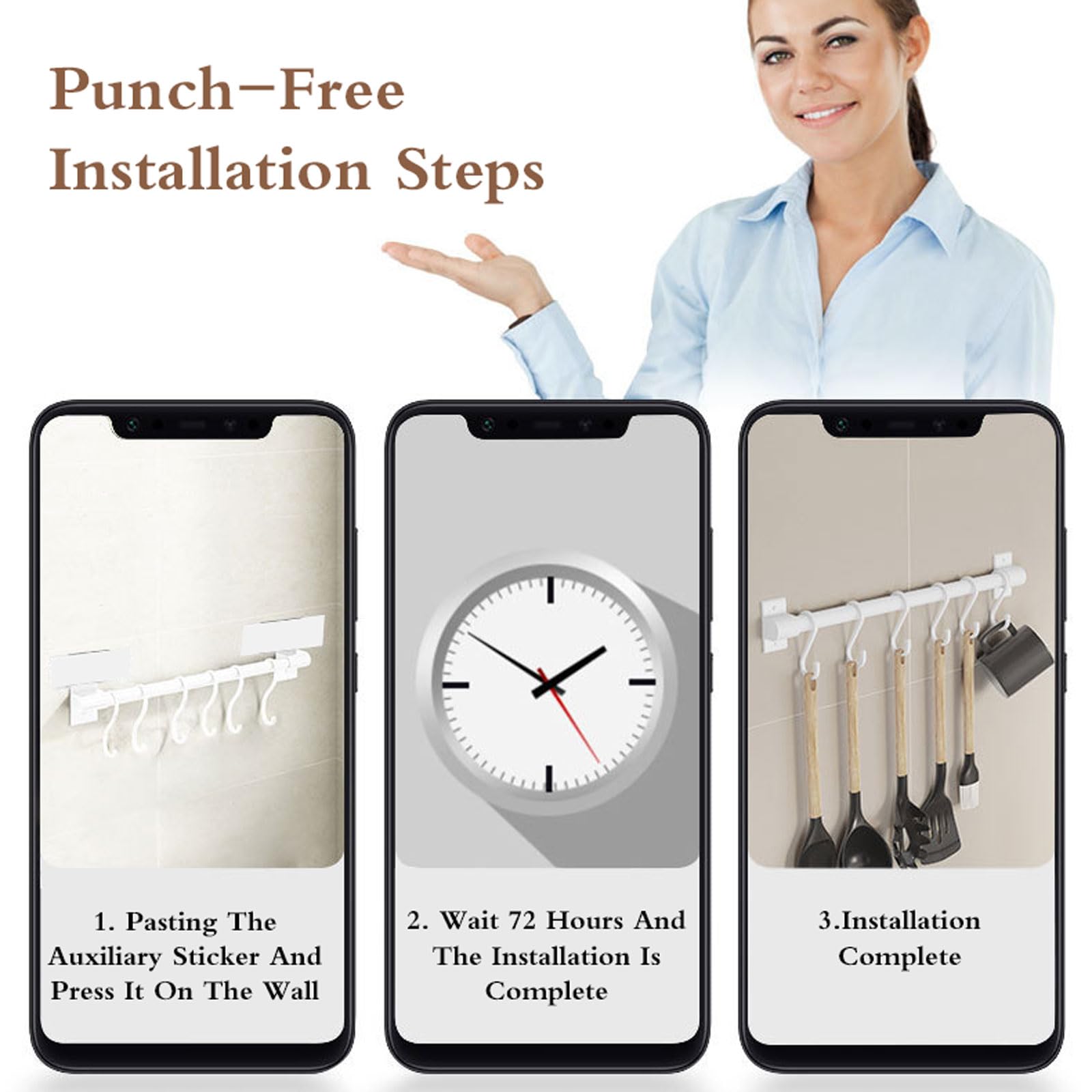 Porta Utensili Cucina,Barra Portautensili Cucina,Ganci Cucina,Supporto in Alluminio per Utensili da Cucina,Ganci Cucina Senza Buchi,Senza Foratura,Accessori Cucina，per Cucina,Nero