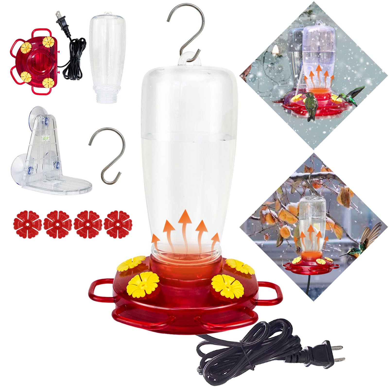 Lanathel Heated Hummingbird Feeders for Outdoors, 15 Ounces Plastic Heated Hummingbird Feeder for Winter, 2-in-1 Outdoors Hanging & Window Suction Cup