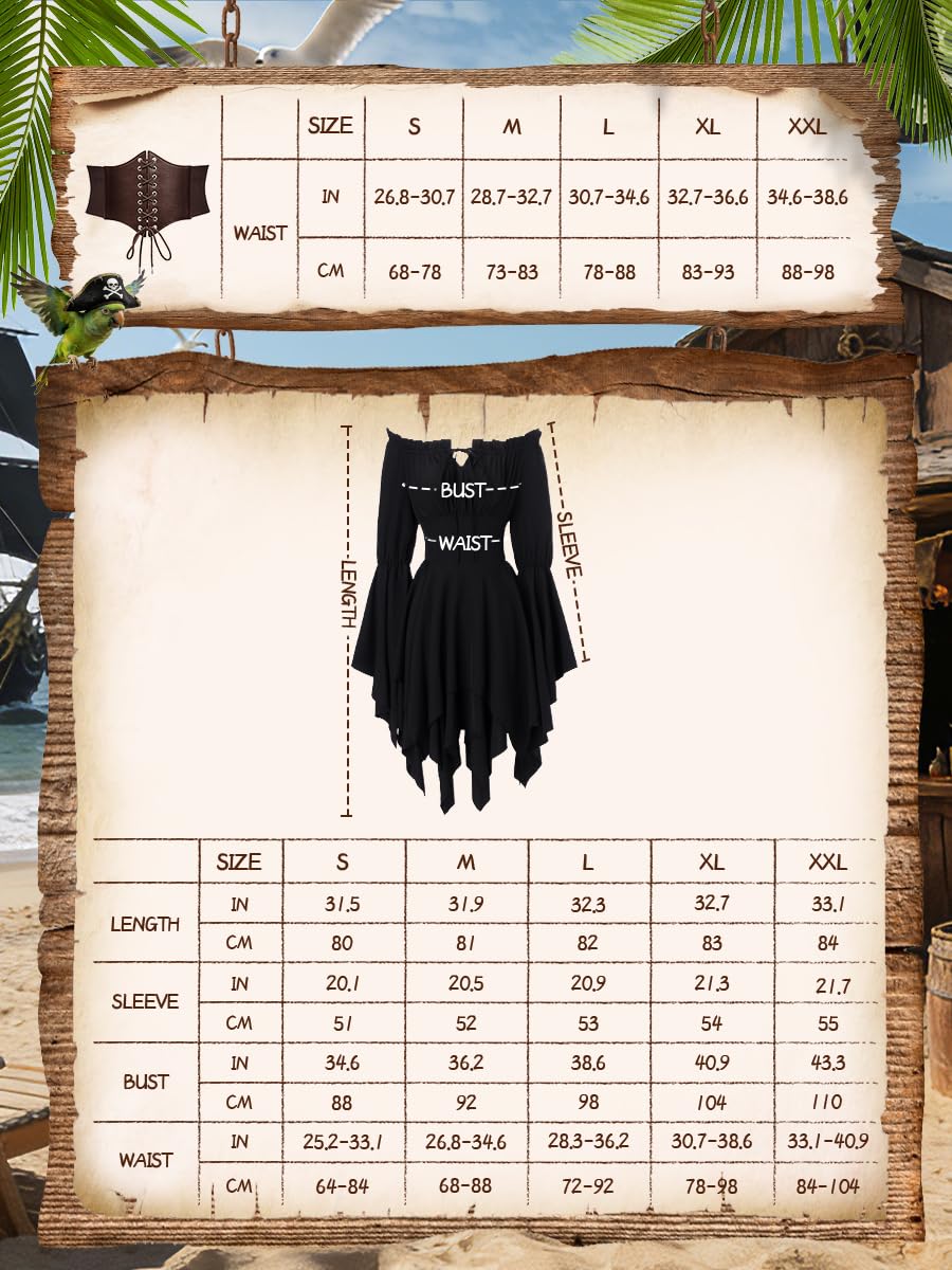 Costume pirate femme, robe à épaules dénudées avec corset, foulard & ceinture, chaîne de taille dorée coquillage + perles dreadlocks, déguisement carnaval adulte & soirée à thème