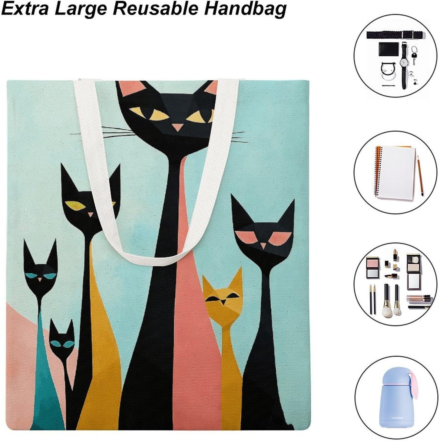 Mid-Century Cat Canvas Tote Bag Reusable Grocery Bags Foldable Soft Cotton Shoulder Carry Bag