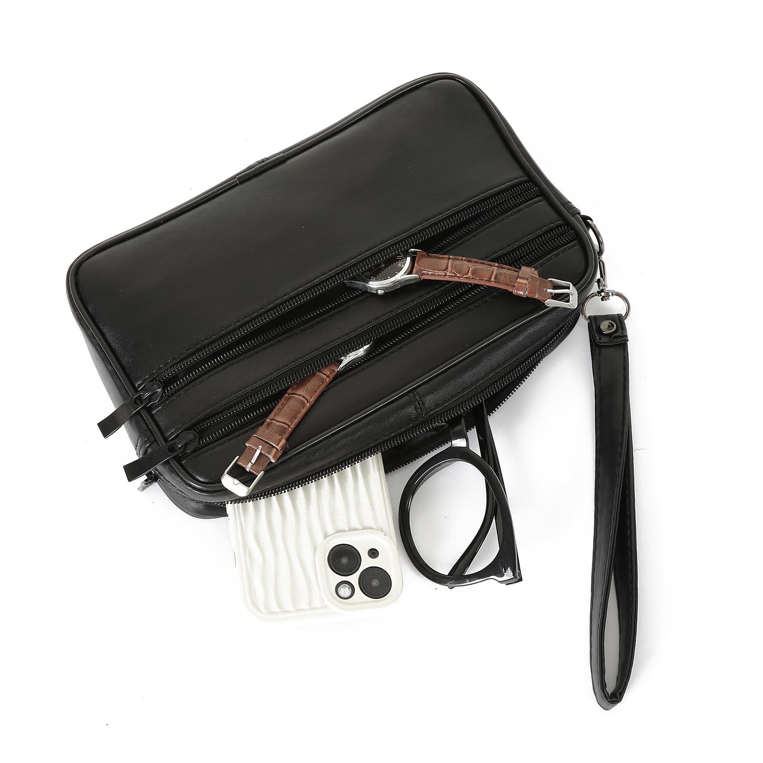 Bolso de mano para hombre, de piel auténtica, con correa de mano, color negro