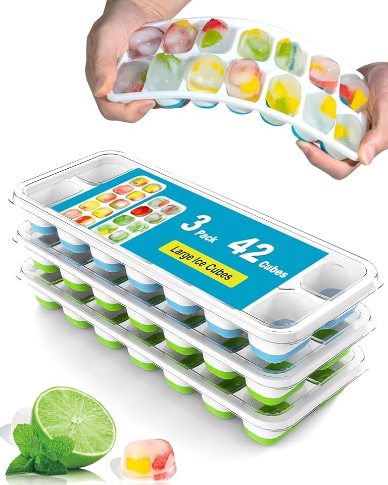 3 Pack Ice Cube Trays with Lid for Freezer, Flexible Silicone Bottom for Easy Release, Stackable Space-Saving Ice Molds, 1.2" Cube