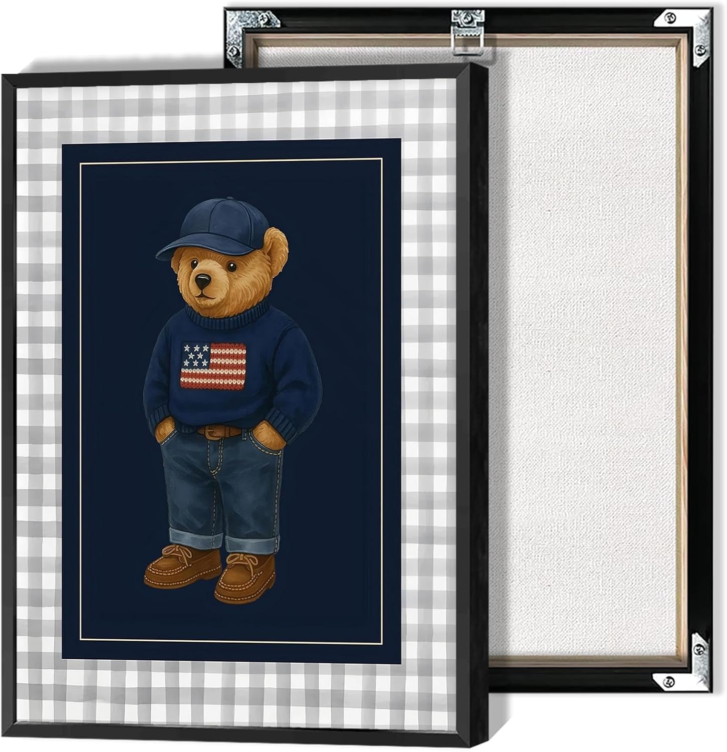 Trendy Golf Bear Poster Preppy Sports Animal Canvas Wall Art Abstract Minimalist Brown Stripes Little Bear Prints Painting For Living Room Bedroom Apartment Wall Decor 12x16in Framed