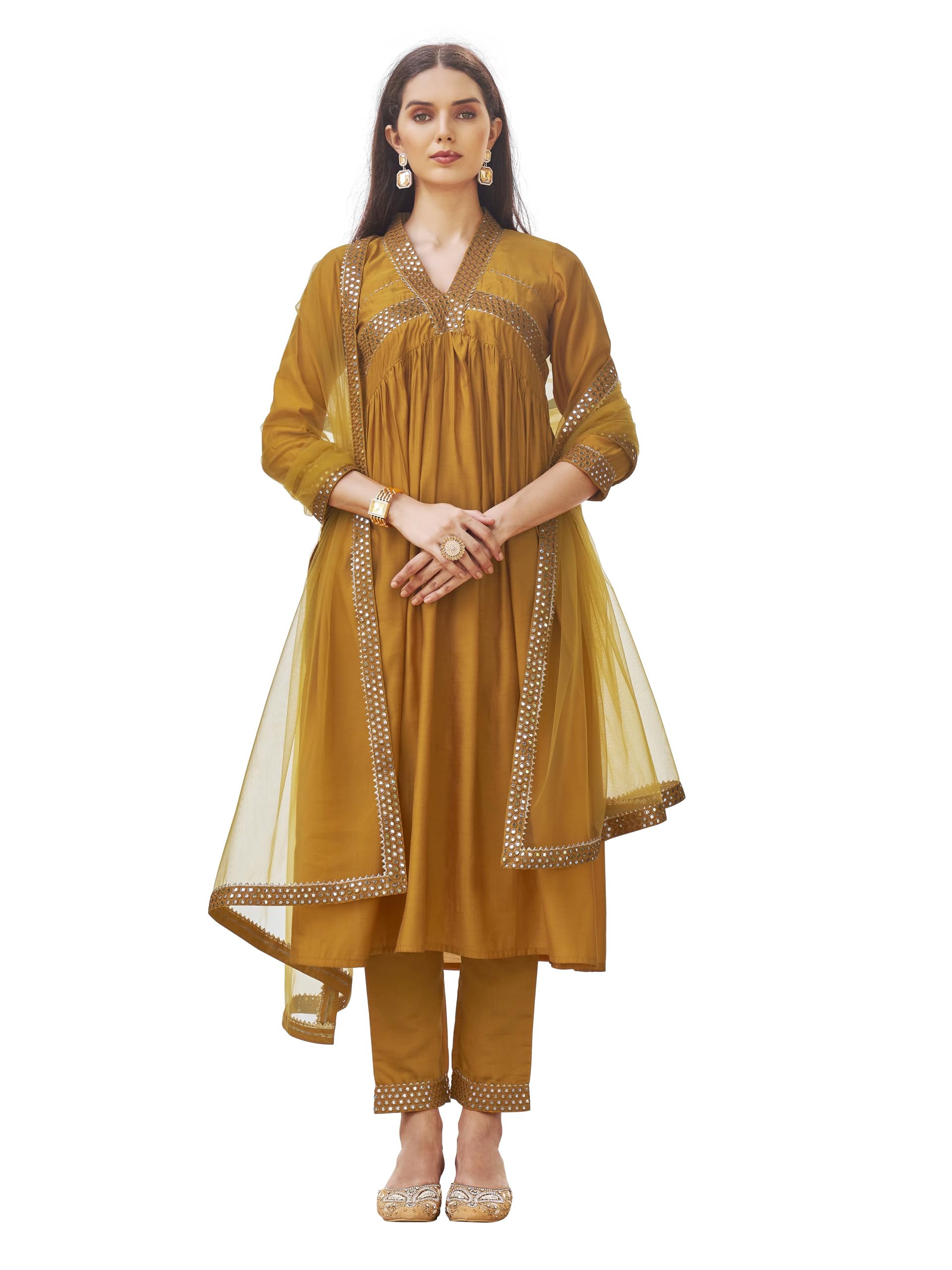 Womanista Women's Silk Blend Mirror Alia Cut Flared Kurta With Pant And Dupatta (Kurtaset_1298_L)