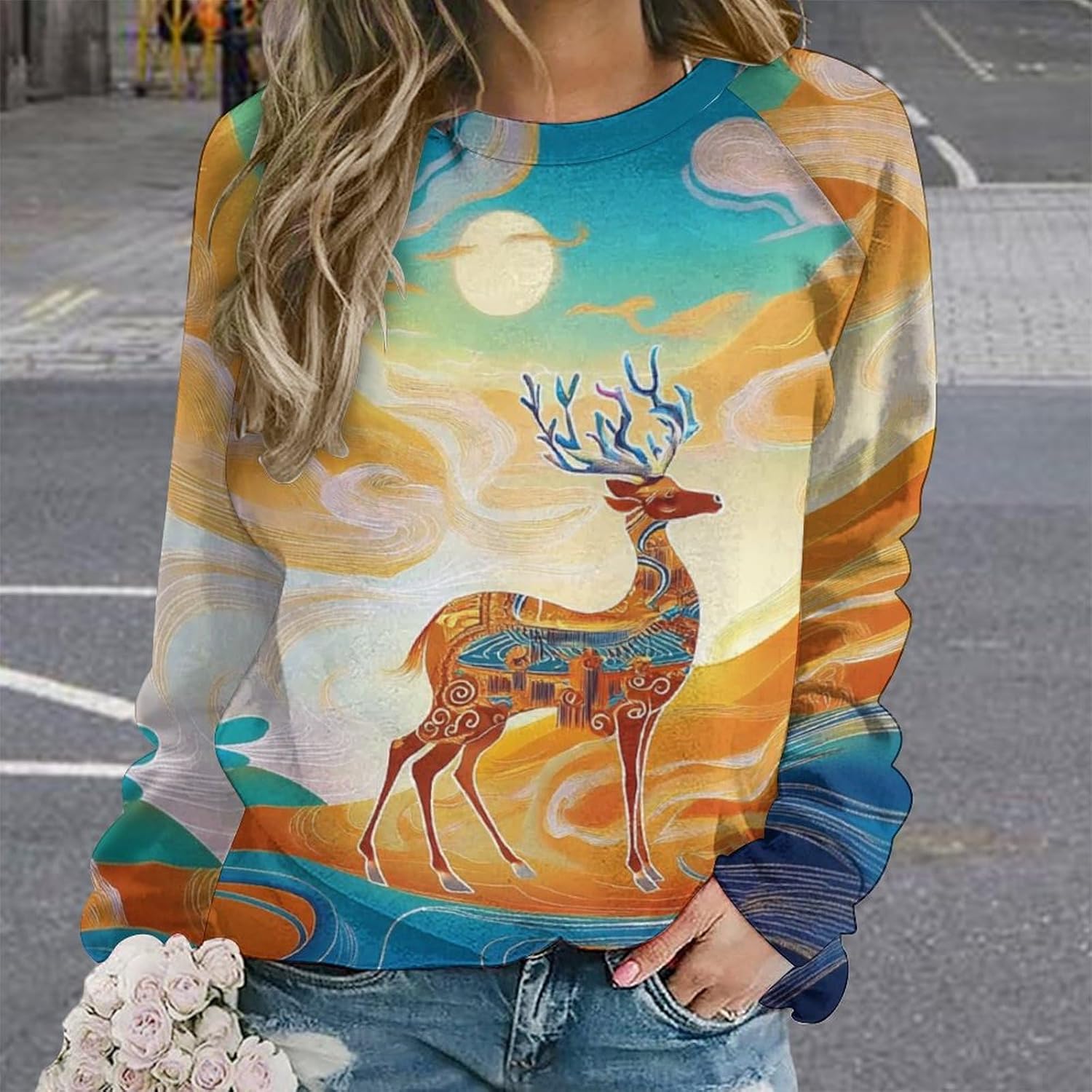 MARSVOVO Graphic Sweatshirts for Women Crewneck Long Sleeve Chinese Ink Painting Print Pullover Fall Tunic Sweatshirts - Image 2